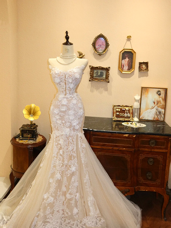 Apricot strapless lace fitted mermaid long wedding dress R6604