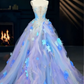 Light blue floral print strapless waist-cinching long ball gown R6563