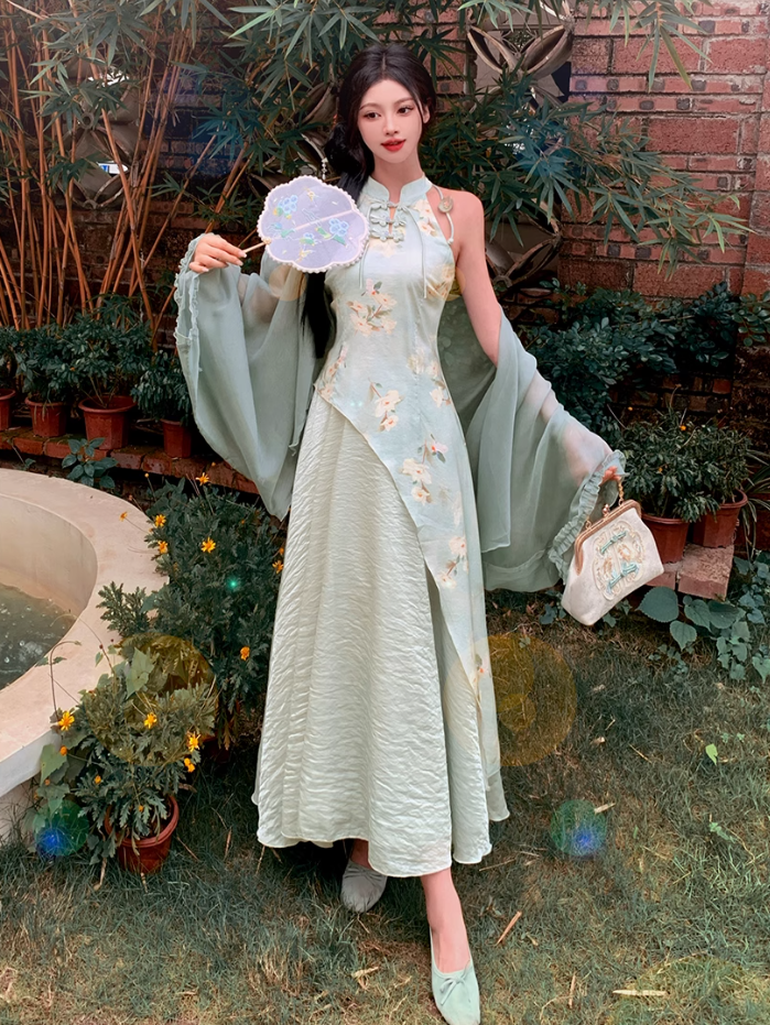 Fairy New Chinese Retro Temperament Splicing Printed Long Skirt Sleeveless Halter Neck Dress R1711