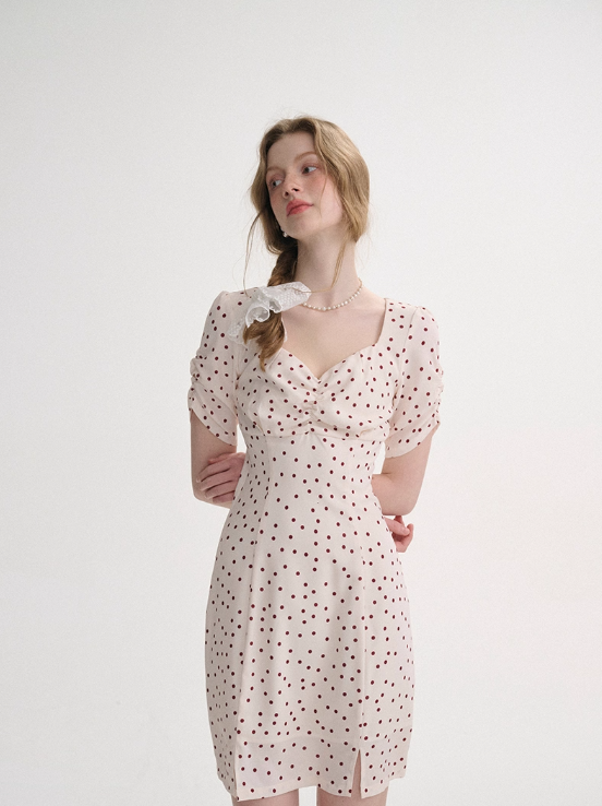 French polka dot short slit dress pastoral style mini skirt short sleeve skirt for women R3557