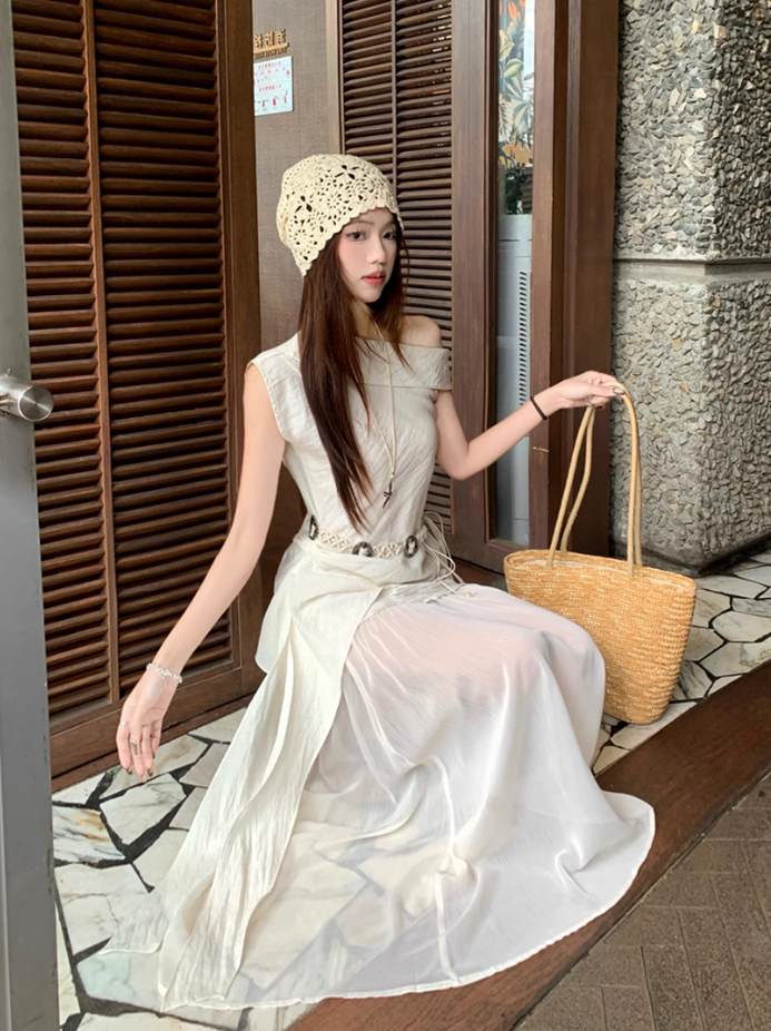 Fairy temperament high-end irregular off-shoulder sleeveless top skirt suit two-piece suit R1756