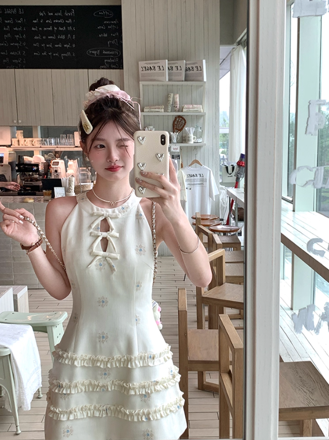 Solid color halter neck sleeveless waist dress for women summer French temperament retro skirt R4747