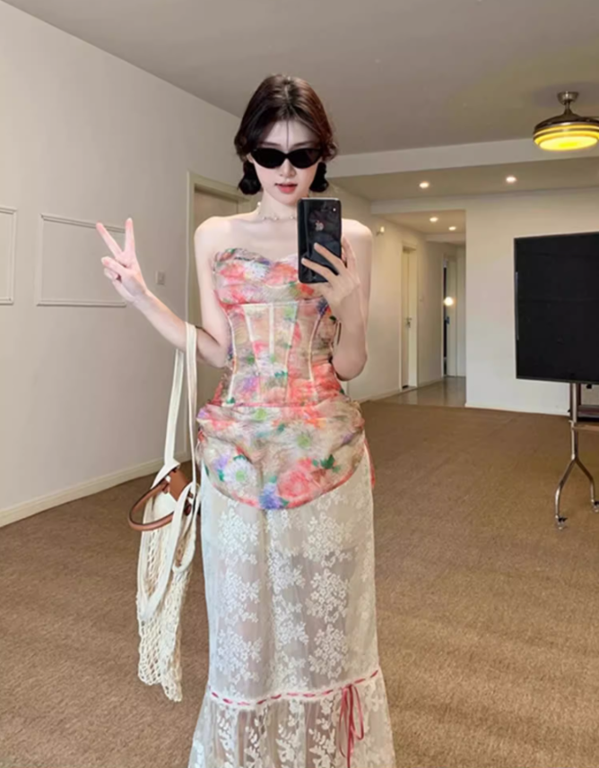 French oil painting style herringbone tube top 2025 lace patchwork skirt suit R1134