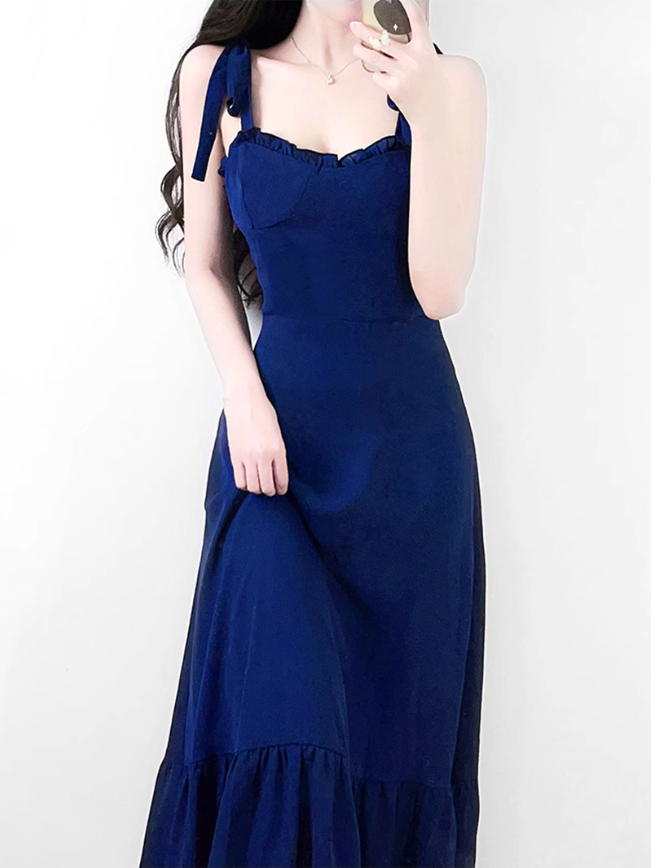 2025 Summer New Blue Beach Temperament Seaside Vacation Long Suspender Dress R0960