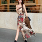 Fairy oil painting style suspender skirt swallowtail skirt dress lace cardigan two-piece suit R1718