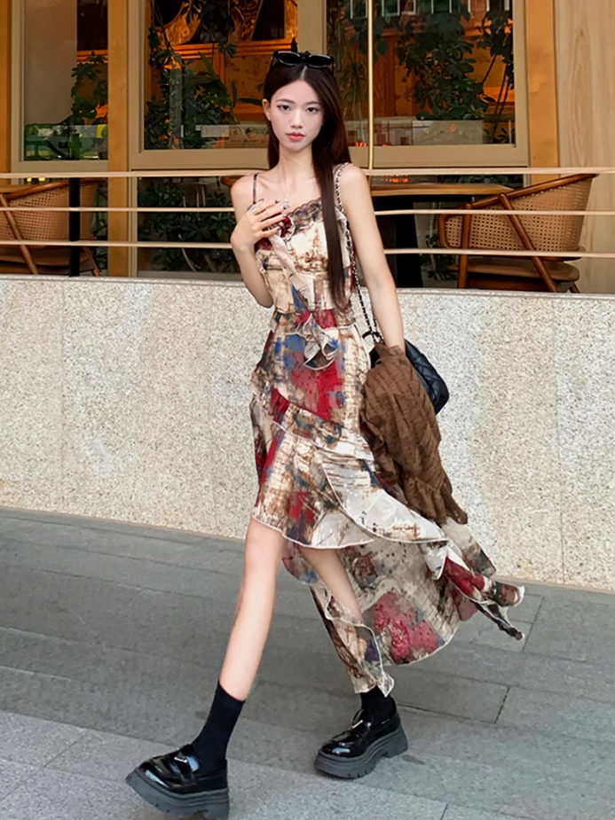 Fairy oil painting style suspender skirt swallowtail skirt dress lace cardigan two-piece suit R1718
