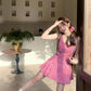 Red checkered suspenders waist slim A-line short skirt homecoming dress R3232