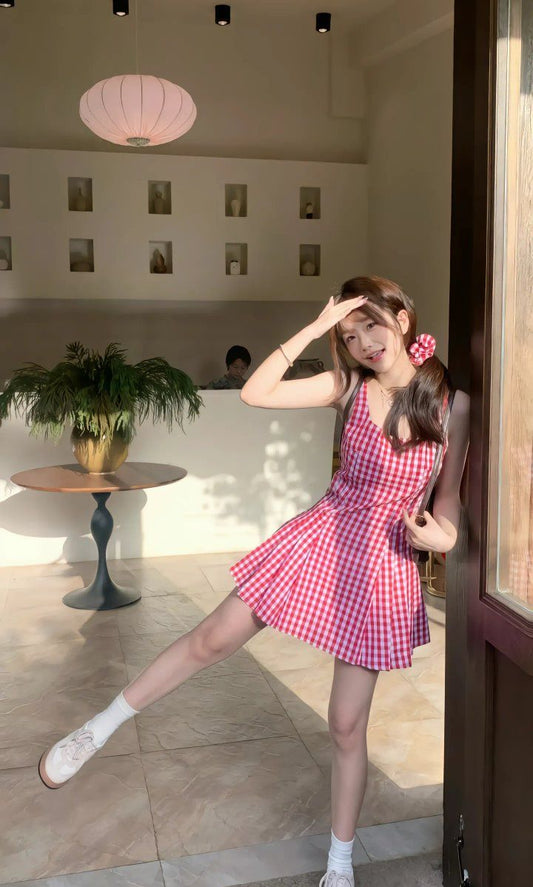 Red checkered suspenders waist slim A-line short skirt homecoming dress R3232