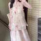 Pink buttoned mesh halter neck dress gentle temperament loose A-line long skirt R0751