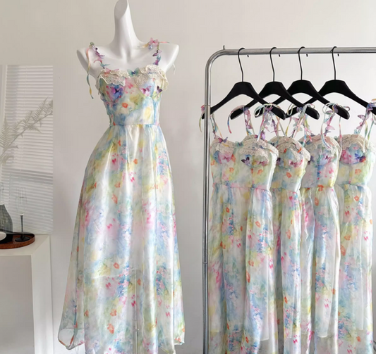 Beautiful suspender dress French holiday style blurred floral long skirt R2041