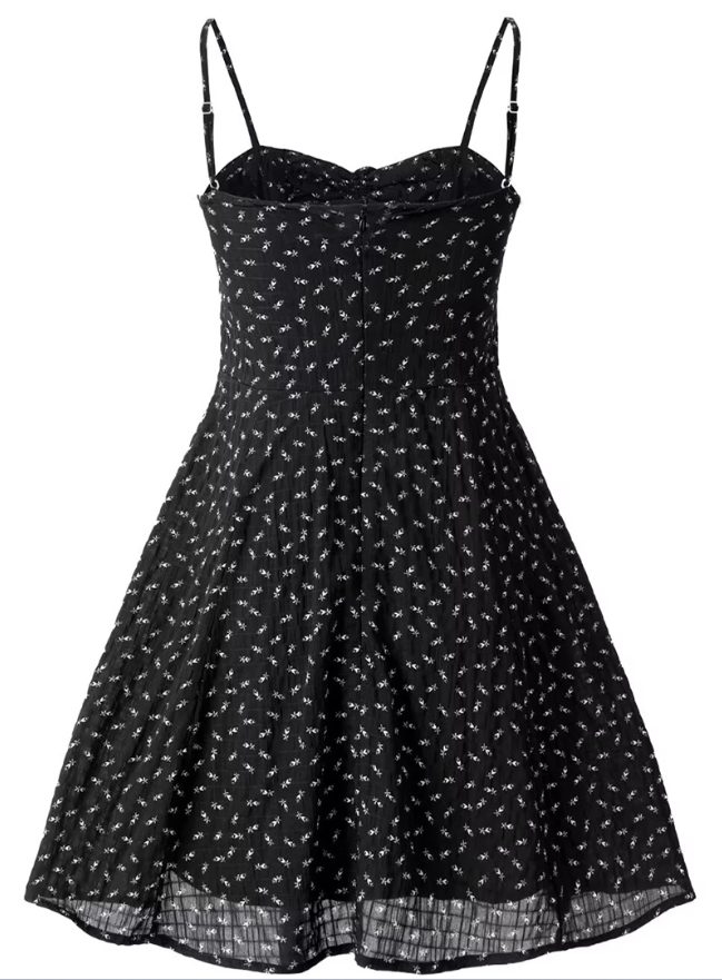 2025 Summer New Black Retro Floral A-line Waist Short Suspender Dress R0977