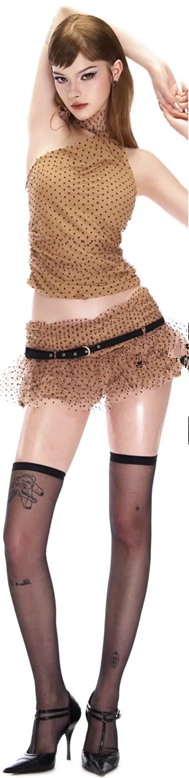 Gold Halter Neck Polka Dot Waist Top Sexy Low-Waist Miniskirt Set Homecoming Dress R4751