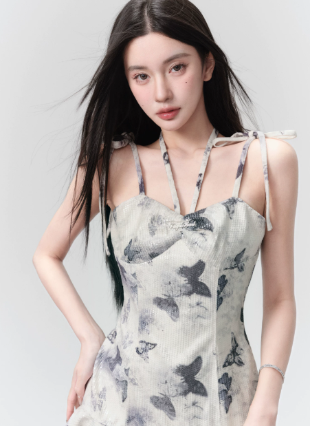 Ink Wash Butterfly Print Cami Dress Women With Halter Neck And Bow Straps R9441