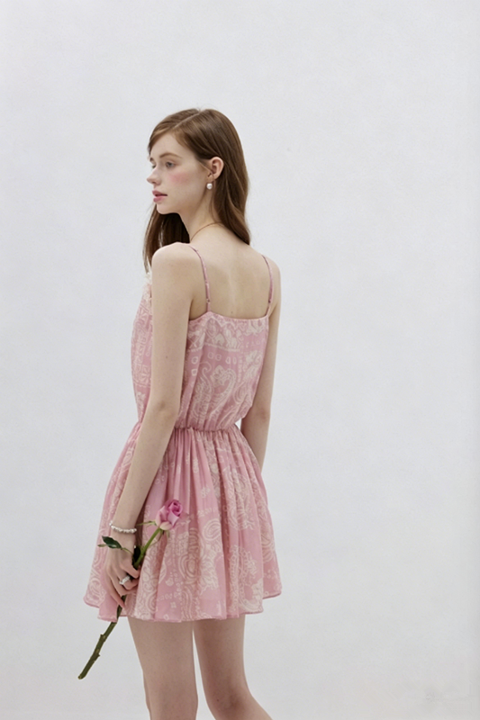 Pink Paisley Print Cami Dress Women With Lace Trim And Elastic Waist R9457