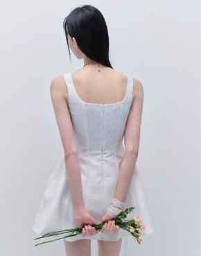 White French Hepburn Style Mini Dress Women With Square Neck And Bow Detail R9411