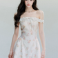 Floral Print Off The Shoulder Mini Dress Women With Lace Trim And Bow Detail R9410