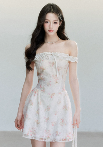 Floral Print Off The Shoulder Mini Dress Women With Lace Trim And Bow Detail R9410