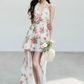 Floral Print Halter Neck Chiffon Dress Women With Lace Trim And Asymmetrical Hem R9419
