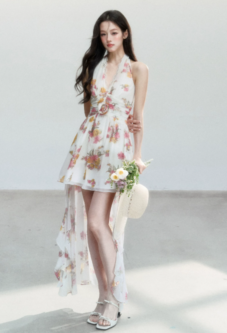 Floral Print Halter Neck Chiffon Dress Women With Lace Trim And Asymmetrical Hem R9419