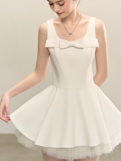 Coquette Bow Square Neck Flounce Dress with Sheer Tulle Layer R9216