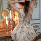 Beige Floral Print Corset Dress with Off-Shoulder Straps and Back Zipper R9185