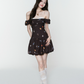 Brown Floral Print Off The Shoulder Mini Dress With Lace Trim And Bubble Skirt R9434