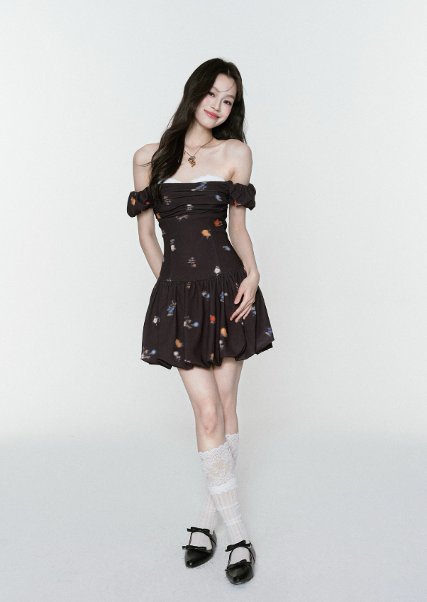 Brown Floral Print Off The Shoulder Mini Dress With Lace Trim And Bubble Skirt R9434