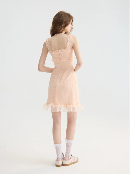 French Vacation Pink Cami Dress Ruffle Trim Mini Dress Summer Slim Party Dress R9465
