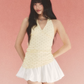 Butter Yellow Polka Dot Halter Top and White Mini Skirt Set with Ruched Waist, V-Neck and Bubble Hem R9249