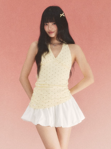 Butter Yellow Polka Dot Halter Top and White Mini Skirt Set with Ruched Waist, V-Neck and Bubble Hem R9249