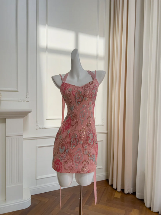 Pink halter neck slim waist A-line mini skirt homecoming dress R5178