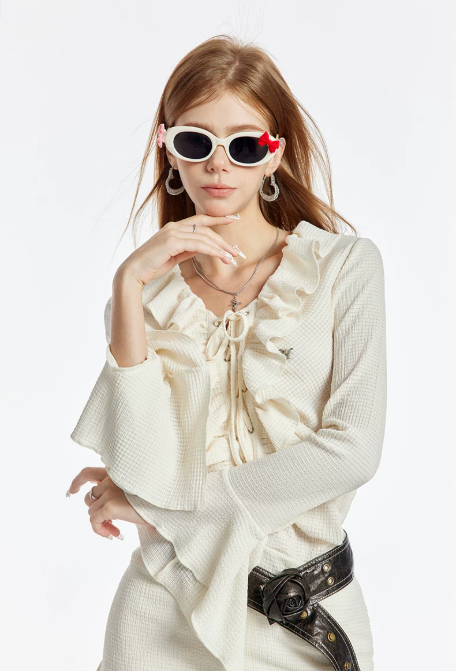 Cream White Ruffle Lace Up Long Sleeve Mini Dress Women Fall High Waist French Style R9387