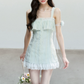Light Blue Lace Trim Cami Mini Dress Women With Ruffled Neckline And Embroidered Details R9412