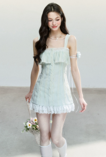 Light Blue Lace Trim Cami Mini Dress Women With Ruffled Neckline And Embroidered Details R9412