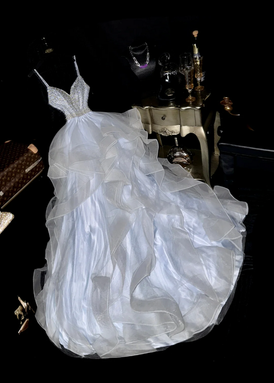 Light blue halter-neck rhinestone high-waisted elegant fairy long ball gown R6927