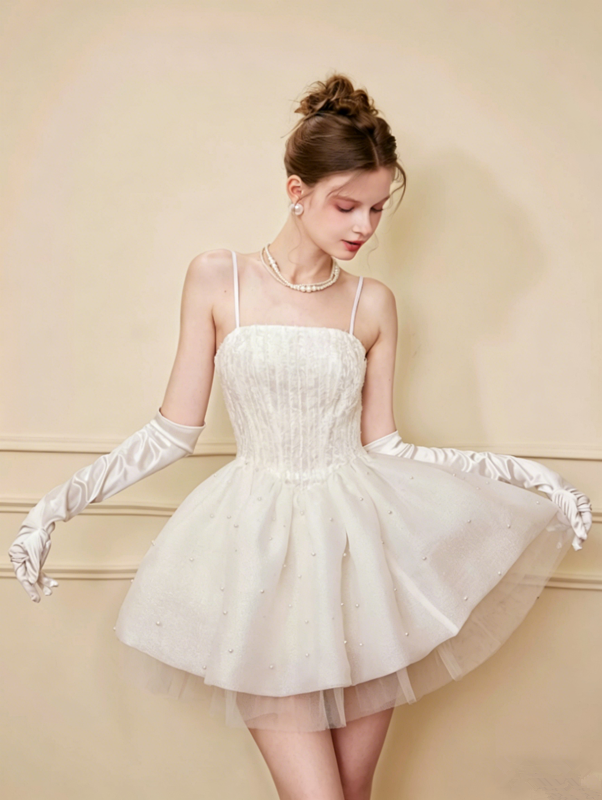 SainteYunne Swan Mirror White Tulle Mini Dress Pearl Embellished Corset Formal Cocktail Party Gown R9207
