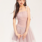 Ethereal Pink Corset Cami Dress With Layered Tulle Skirt, Bow Ties And Ruched Bust R9300