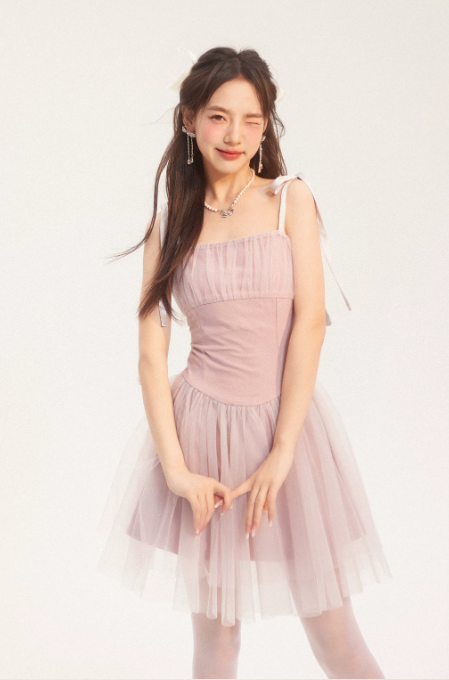 Ethereal Pink Corset Cami Dress With Layered Tulle Skirt, Bow Ties And Ruched Bust R9300