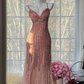 Light pink halter-neck fitted waist rhinestone long ball gown R7603