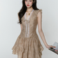 French Tea Party Mini Dress Women With Brown Tie Dye Print And Lace Trim R9427