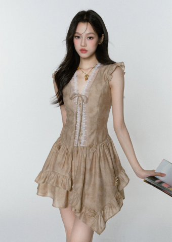 French Tea Party Mini Dress Women With Brown Tie Dye Print And Lace Trim R9427