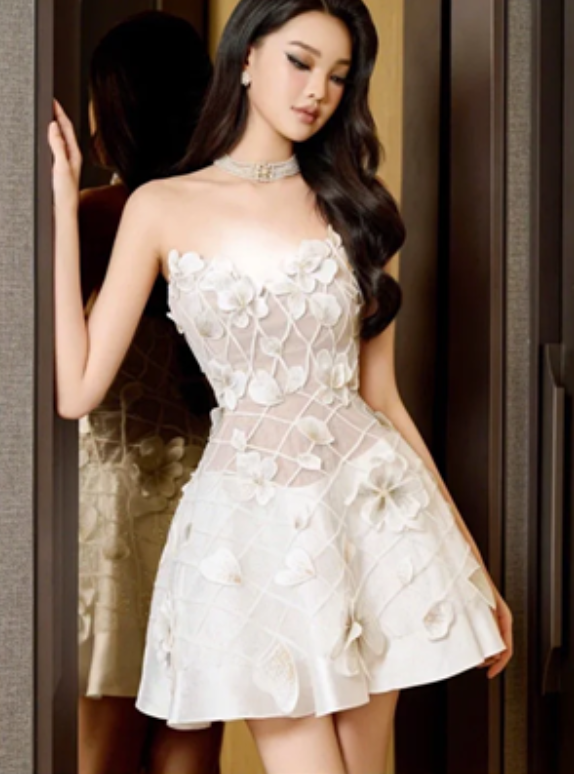 White soft tube top waist three-dimensional flower design vivid A-line short skirt homecoming dress R4709