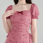 Sweet Dusty Pink Ruched Mini Dress, Women's Puff Sleeve Sweetheart Neck with Bow Detail Dress R9334