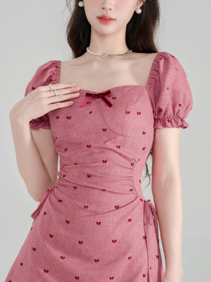 Sweet Dusty Pink Ruched Mini Dress, Women's Puff Sleeve Sweetheart Neck with Bow Detail Dress R9334