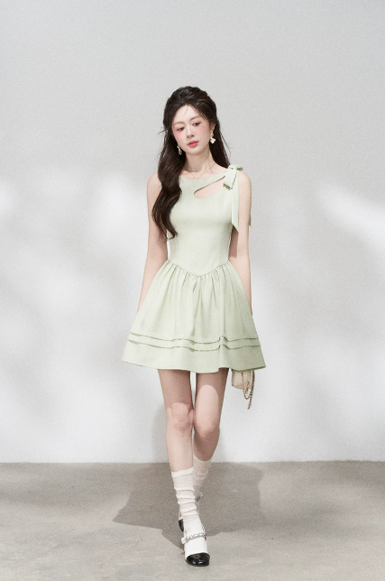 Mint Green A-Line Dress, Women's Sleeveless with Cutout Neck and Bow Shoulder Mini Dress R9339