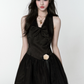 Black Satin Corset Mini Dress Women With Lace Trim And Bow Detail R9432