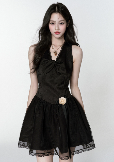 Black Satin Corset Mini Dress Women With Lace Trim And Bow Detail R9432