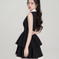 Coquette Black Tiered Mini Dress, Women's Sleeveless Bow Neck Dress with Lace Trim R9326