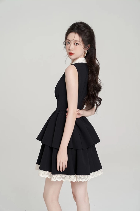 Coquette Black Tiered Mini Dress, Women's Sleeveless Bow Neck Dress with Lace Trim R9326