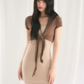 Beige Knit Mini Dress with Brown Tie-Front Shrug Cardigan, 2-Piece Outfit with Ribbed Texture and Fitted Silhouette R9256